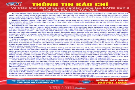 Tây Ninh: Triển khai đợt tổng xét nghiệm sàng lọc SARS CoV-2 trên địa bàn toàn tỉnh