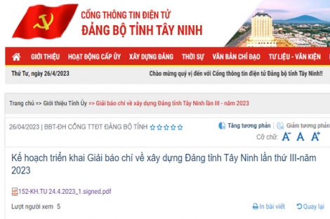 Ban Thường vụ Tỉnh uỷ Tây Ninh: Triển khai Giải báo chí về xây dựng Đảng tỉnh Tây Ninh lần thứ III - năm 2023